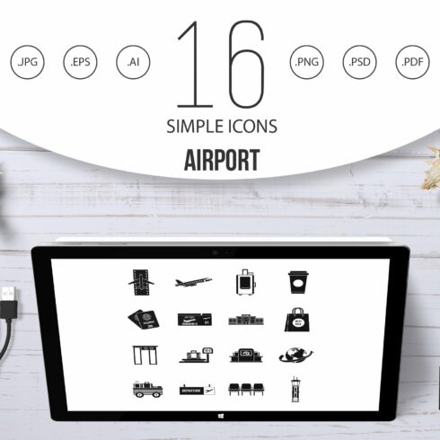 Airport icons set, simple style cover image.
