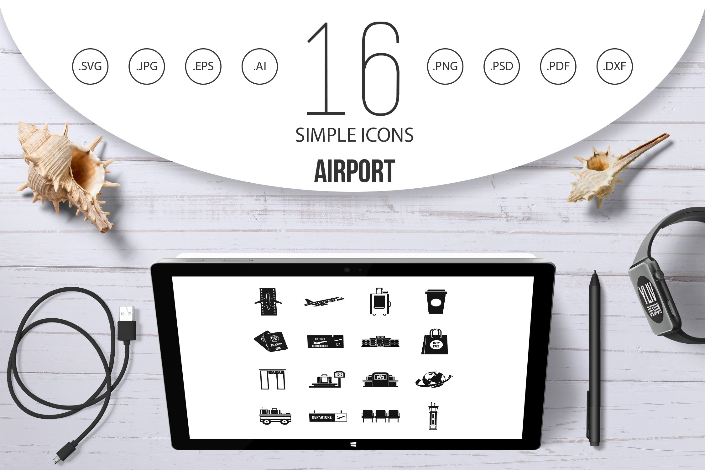 Airport icons set, simple style cover image.