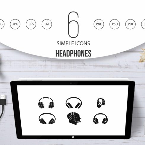 Headphones icon set, simple style cover image.