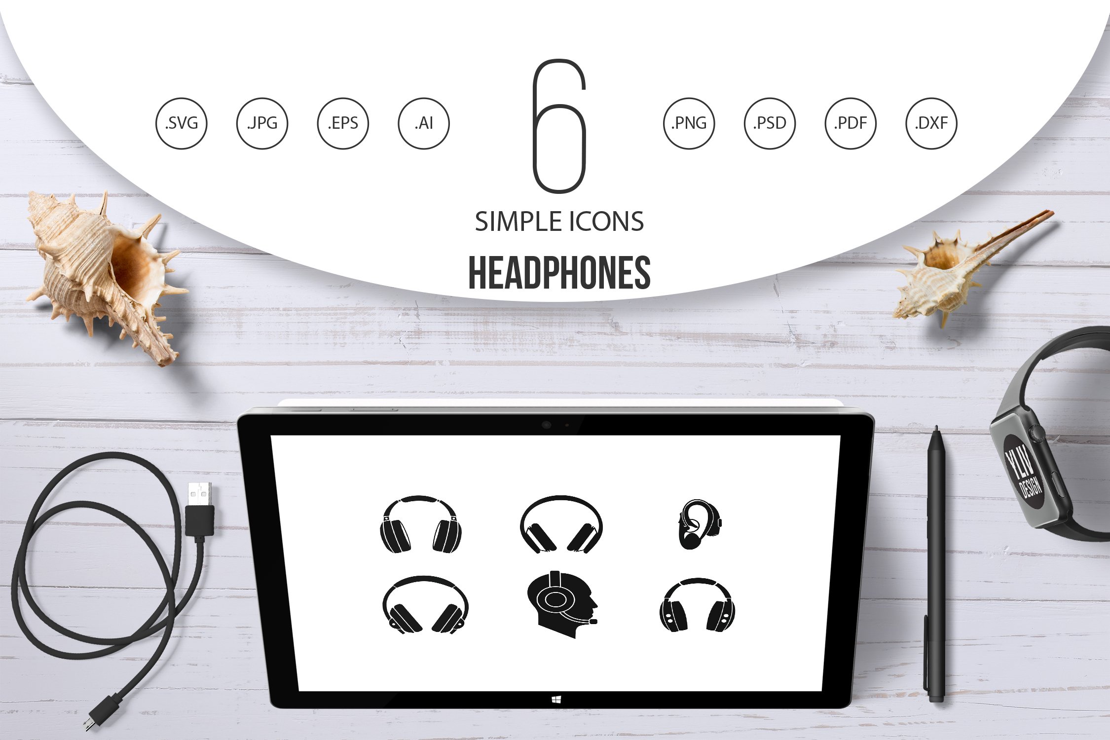 Headphones icon set, simple style cover image.