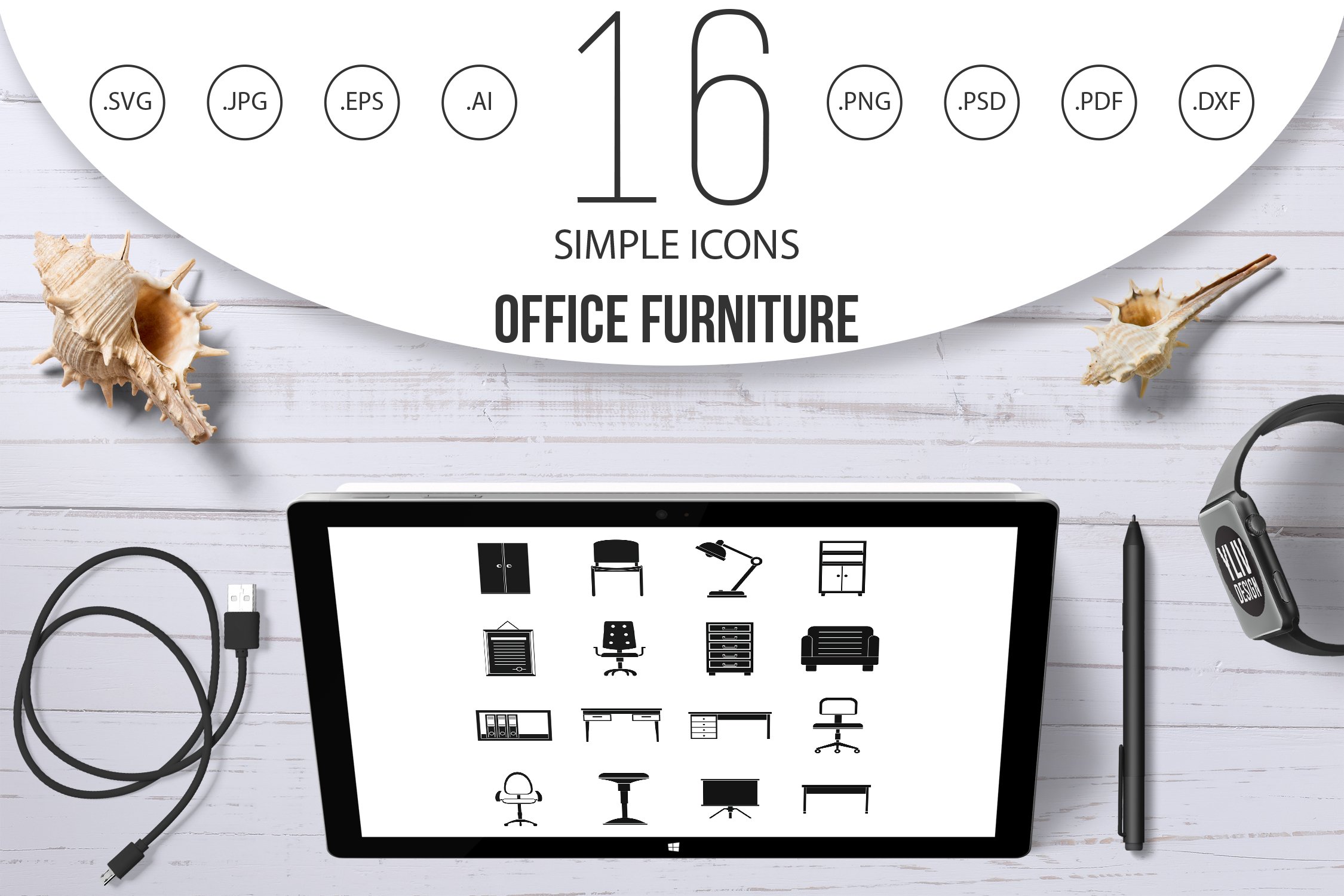 Office furniture icons set, simple cover image.