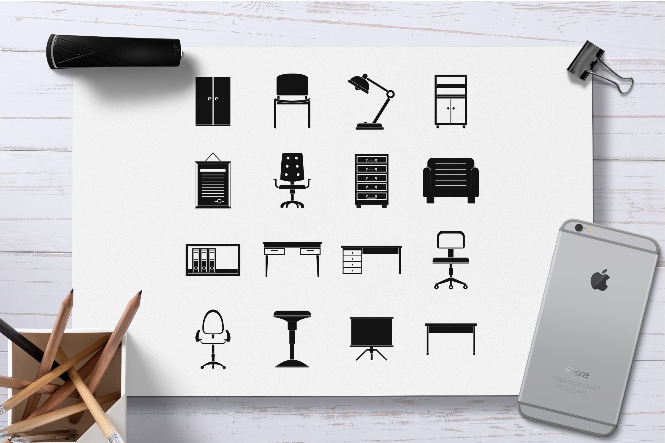 Office furniture icons set, simple preview image.