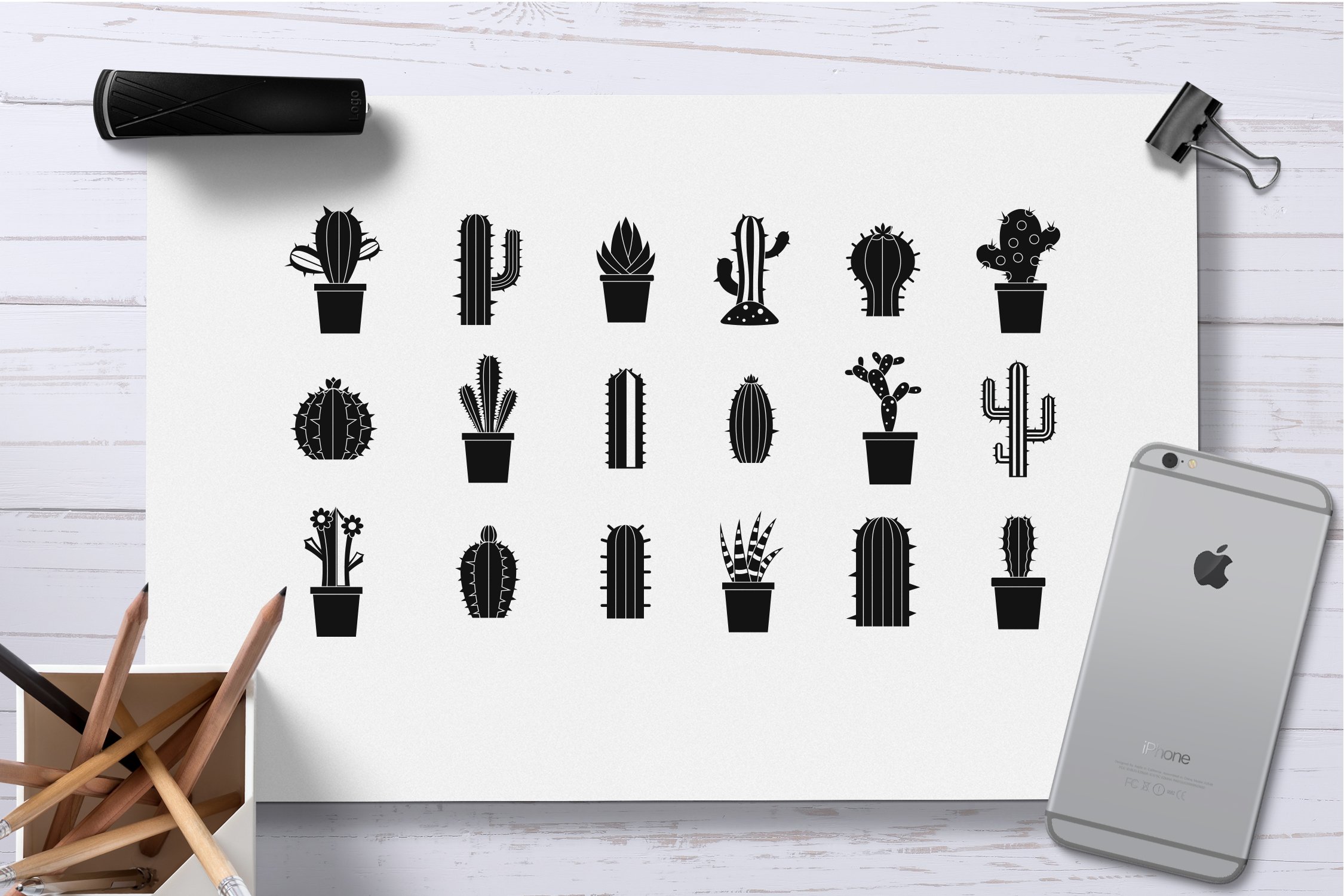 Cactus icon set, simple style preview image.