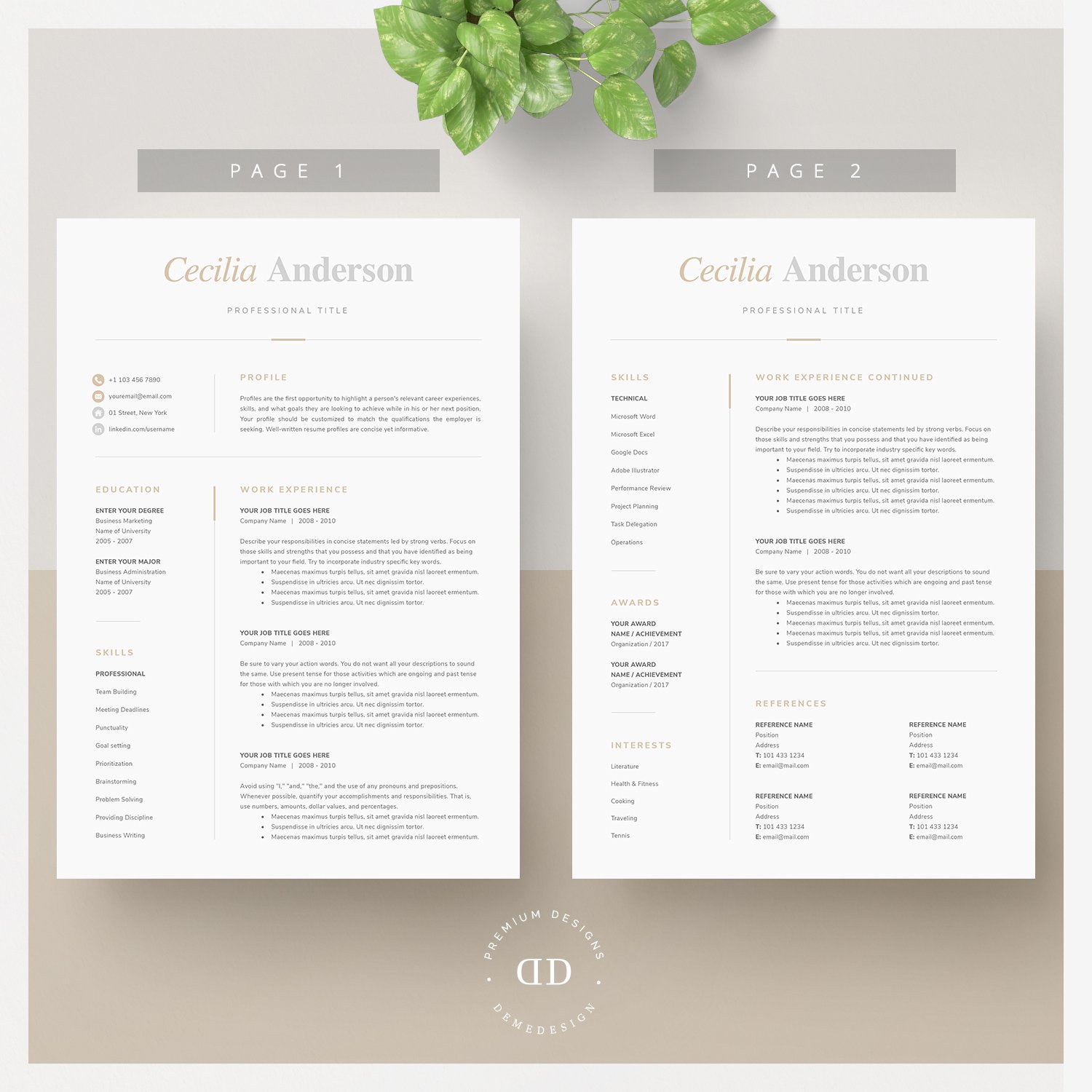 Two pages of a resume with a green plant on top of it.