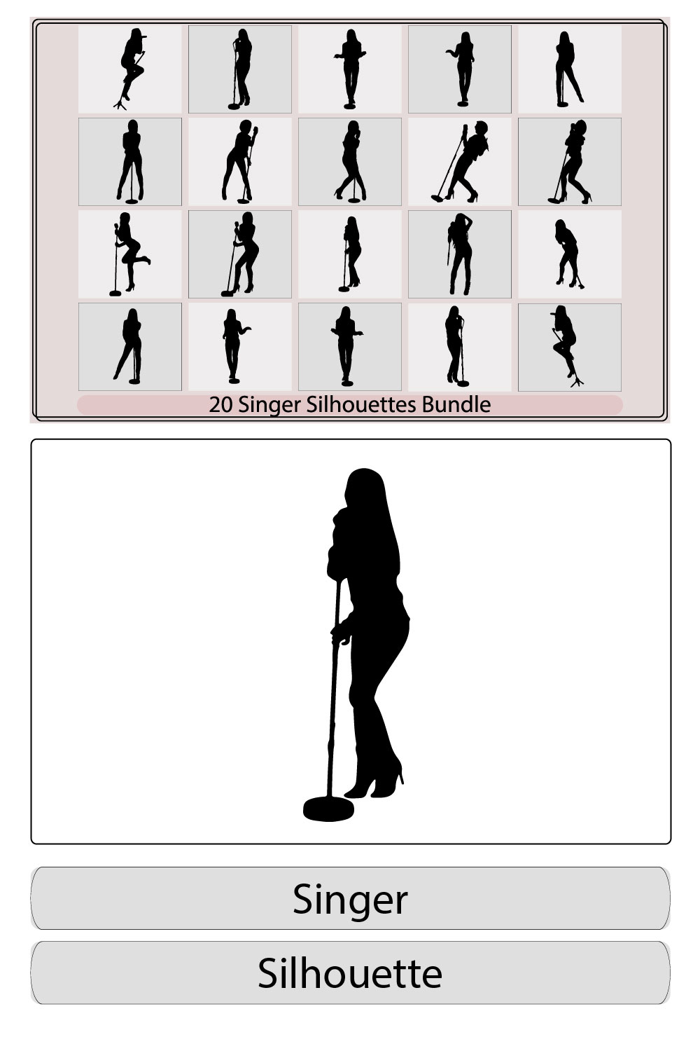 men and women Singer silhouettes in different poses,Singer collection,singing in silhouette,Male singer vector illustration pinterest preview image.