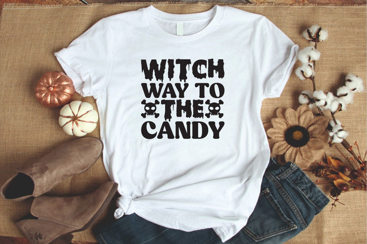 White shirt that says witch way to the candy.