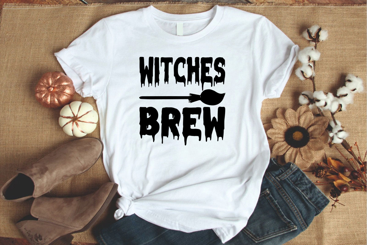 White t - shirt with the words witches brew on it.