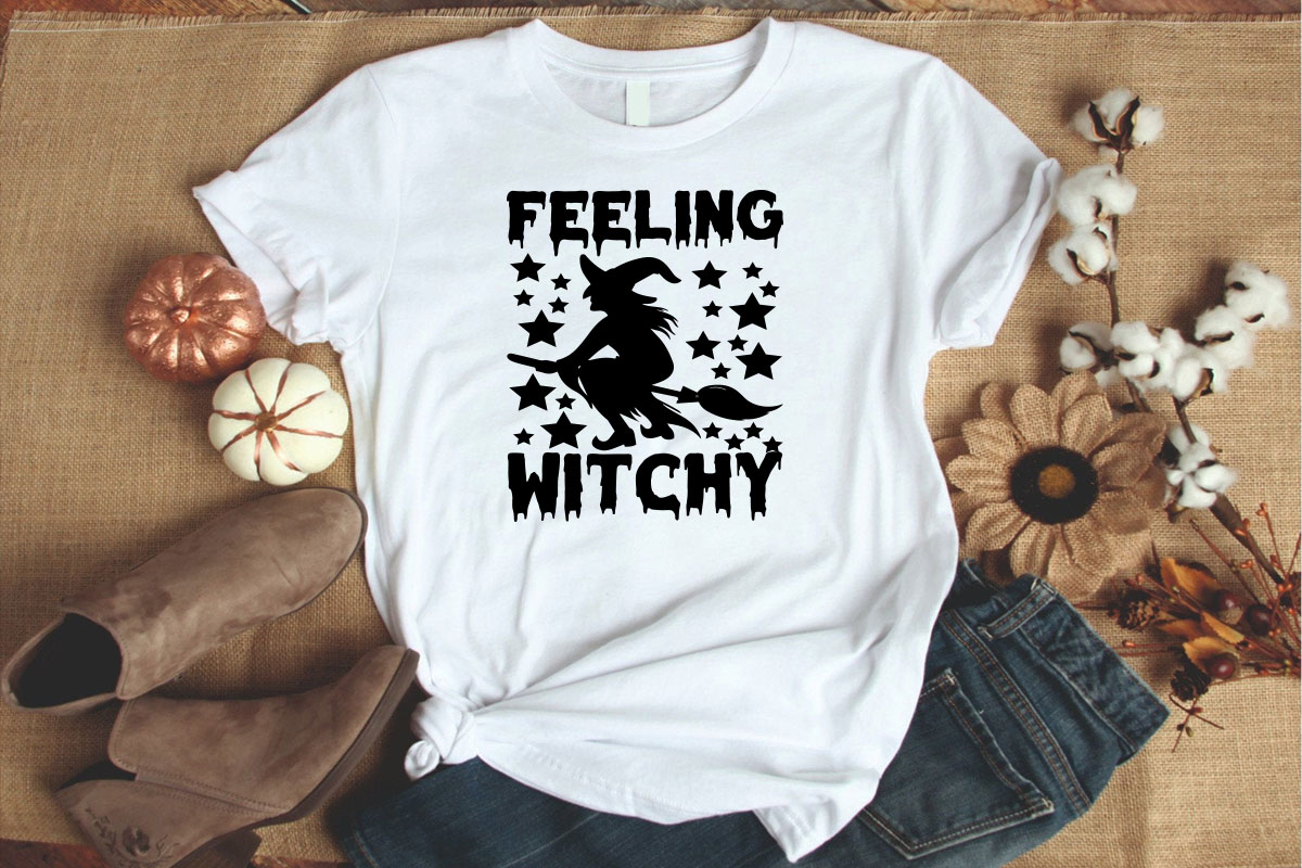 T - shirt that says feeling witch on it.
