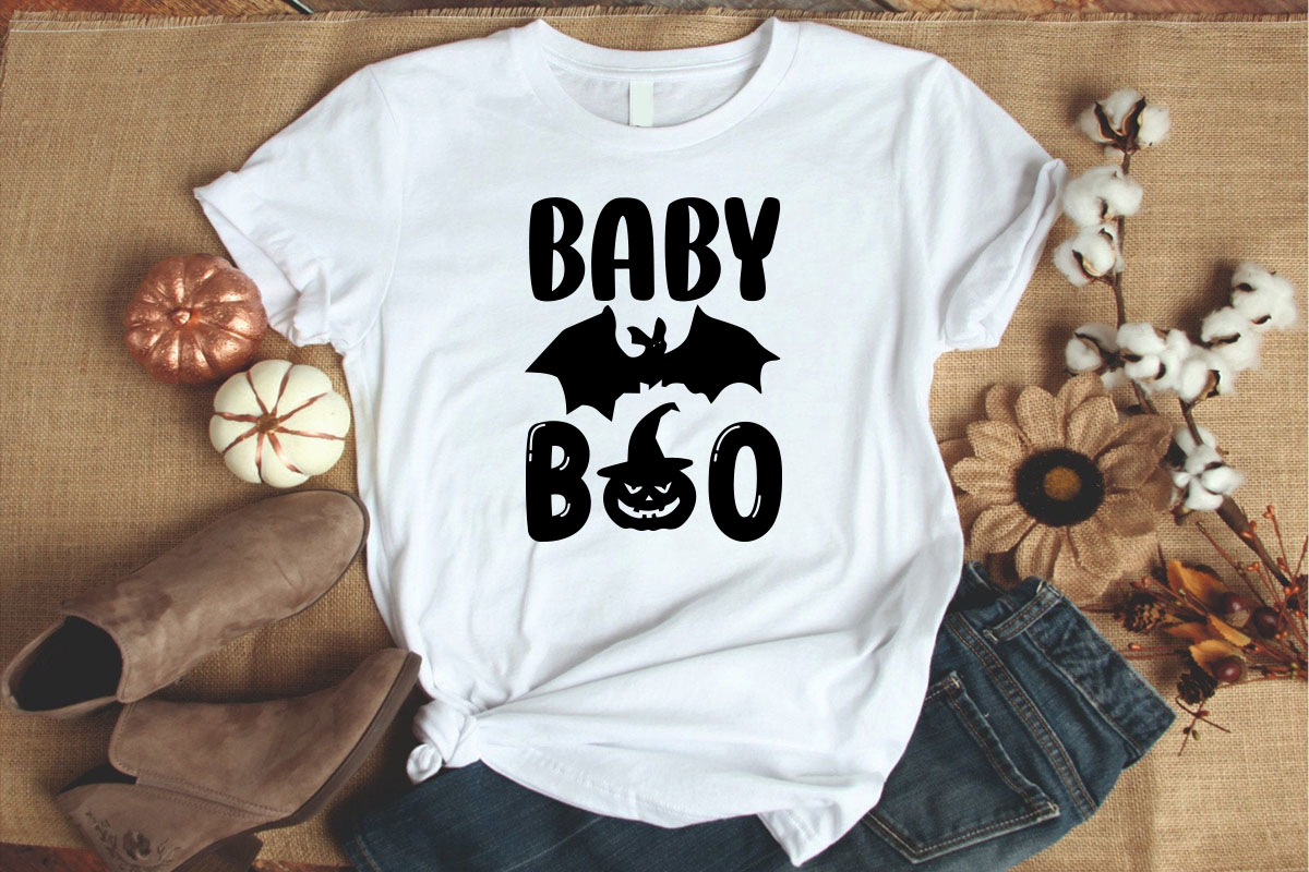 T - shirt that says baby boo with a bat on it.