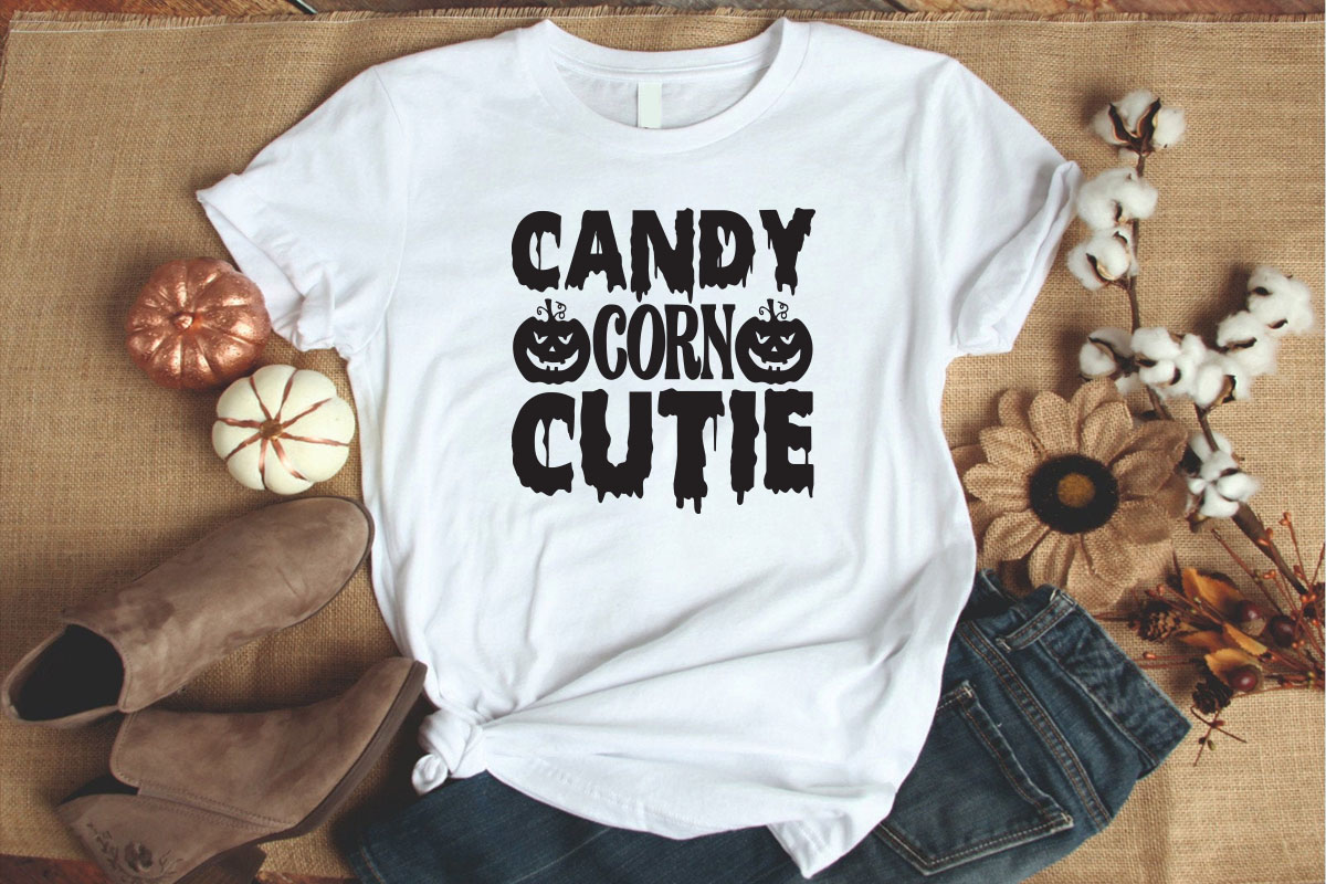 White shirt that says candy corn cutie.