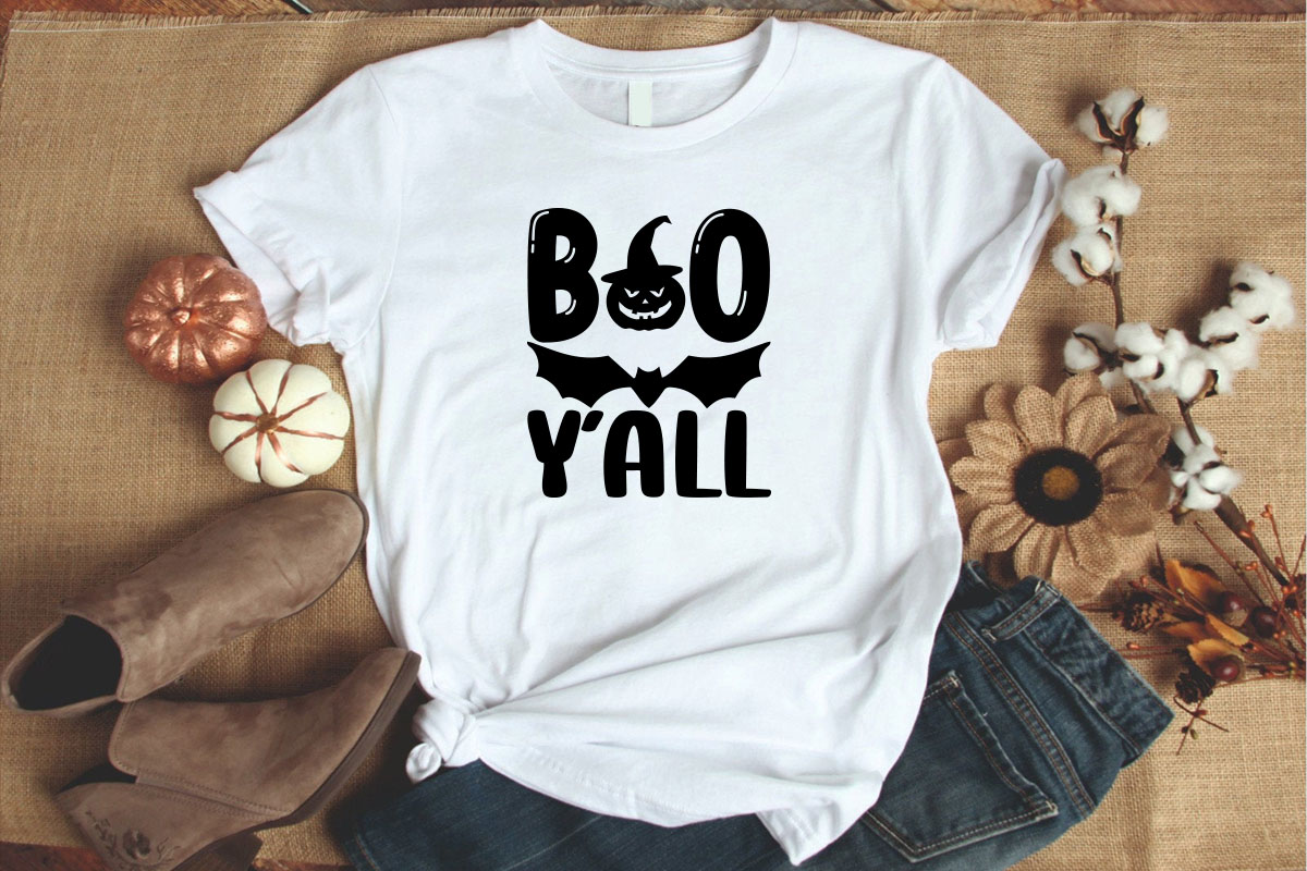 White t - shirt with the words boo y'all printed on it.