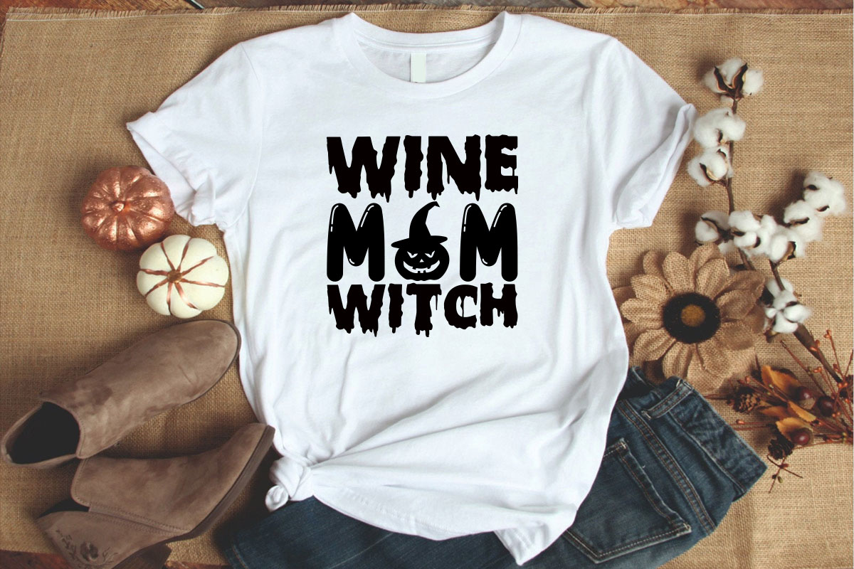 White shirt that says wine mom witch.