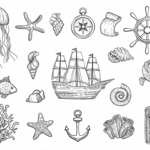 Marine symbols. Fish ship shells cover image.