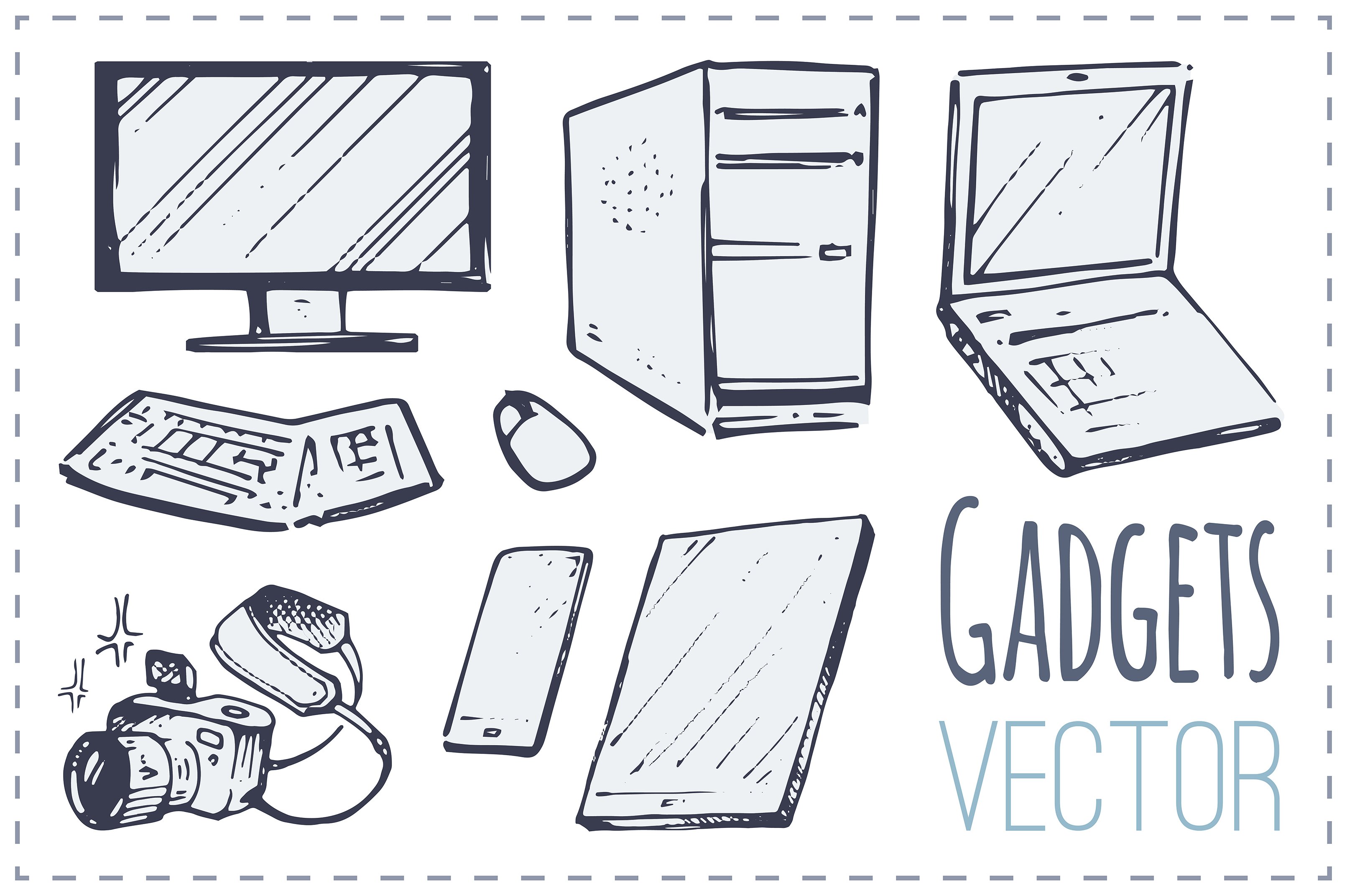 sketch gadgets icons computer phone camera. isolated vector. for packaging design and web stores office equipment 88