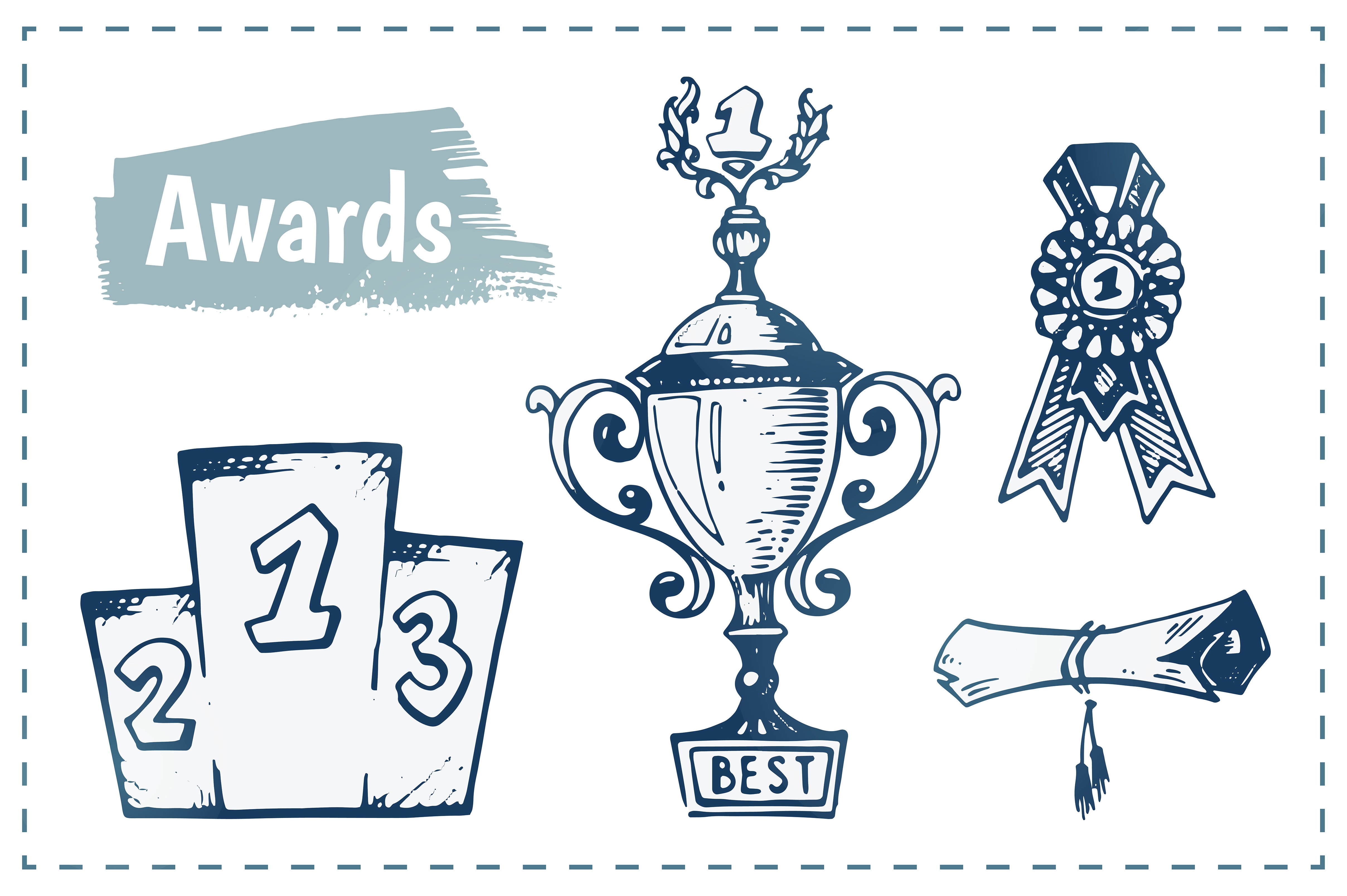 sketch icons awards trophy first podium winners. isolated vector. for design of diploma certificates in school competitions olympiads. cartoon style 346