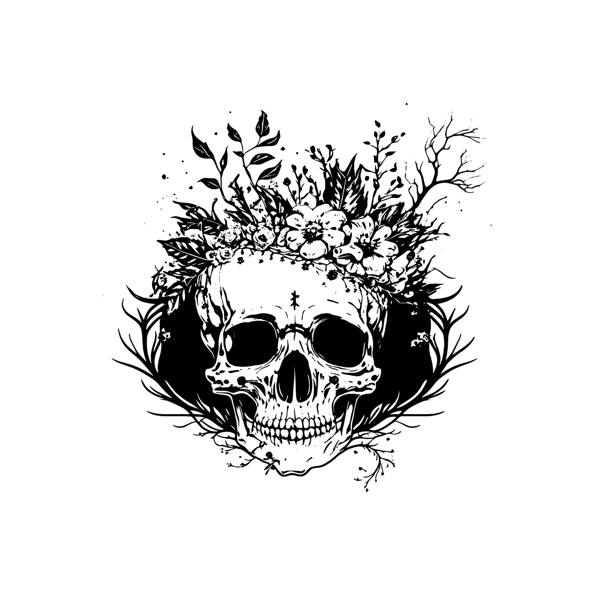 Black and white drawing of a skull with flowers.