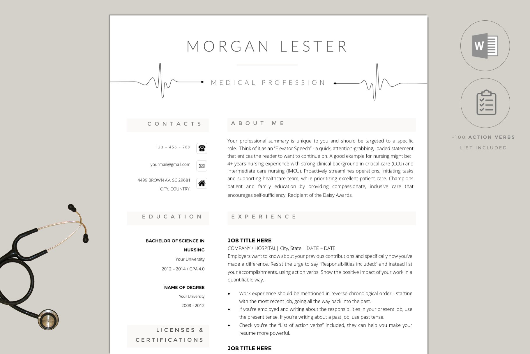 Medical professional resume with a stethoscope.