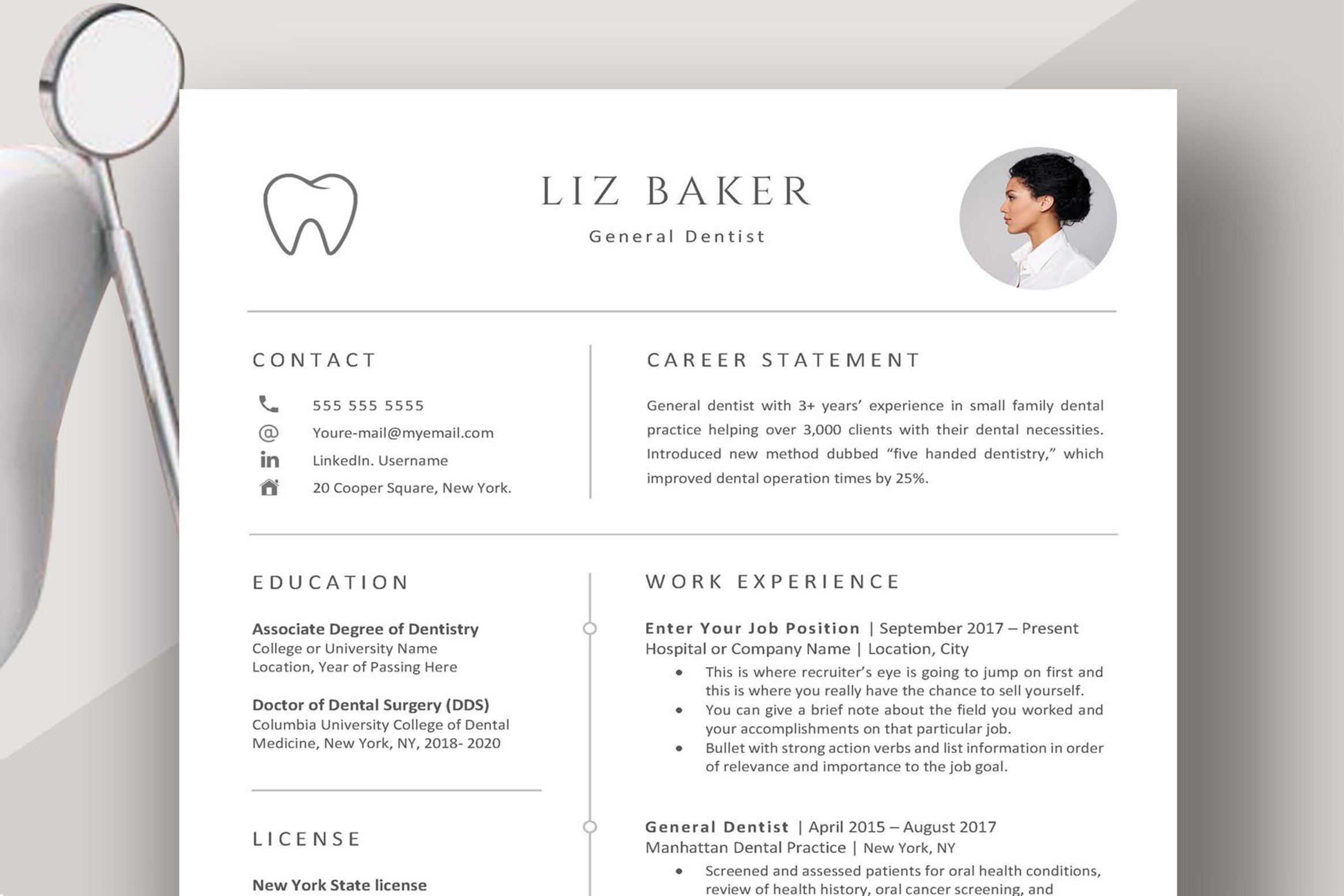 Professional resume template for a dentist.