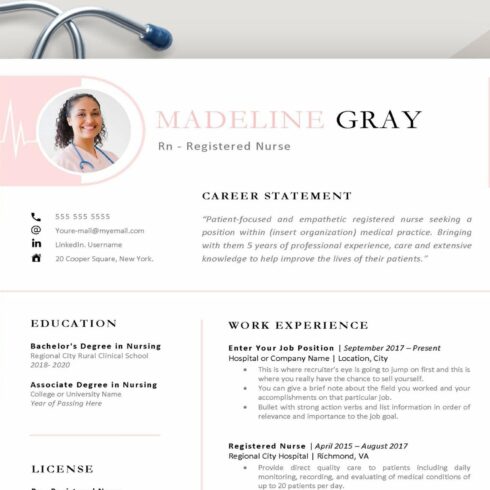 Nurse resume with a stethoscope next to it.