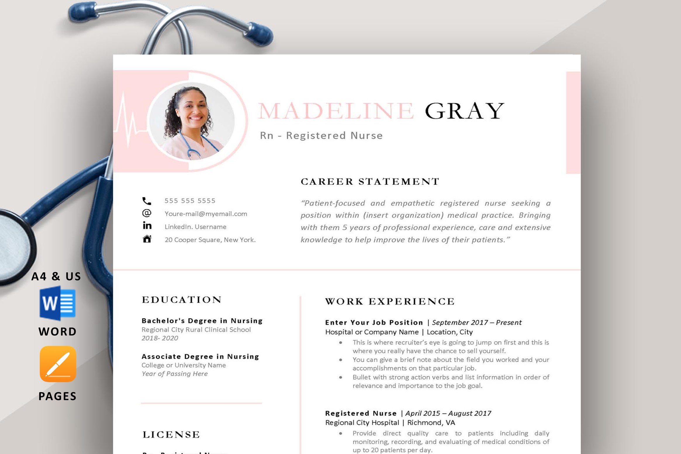 Nurse resume with a stethoscope next to it.