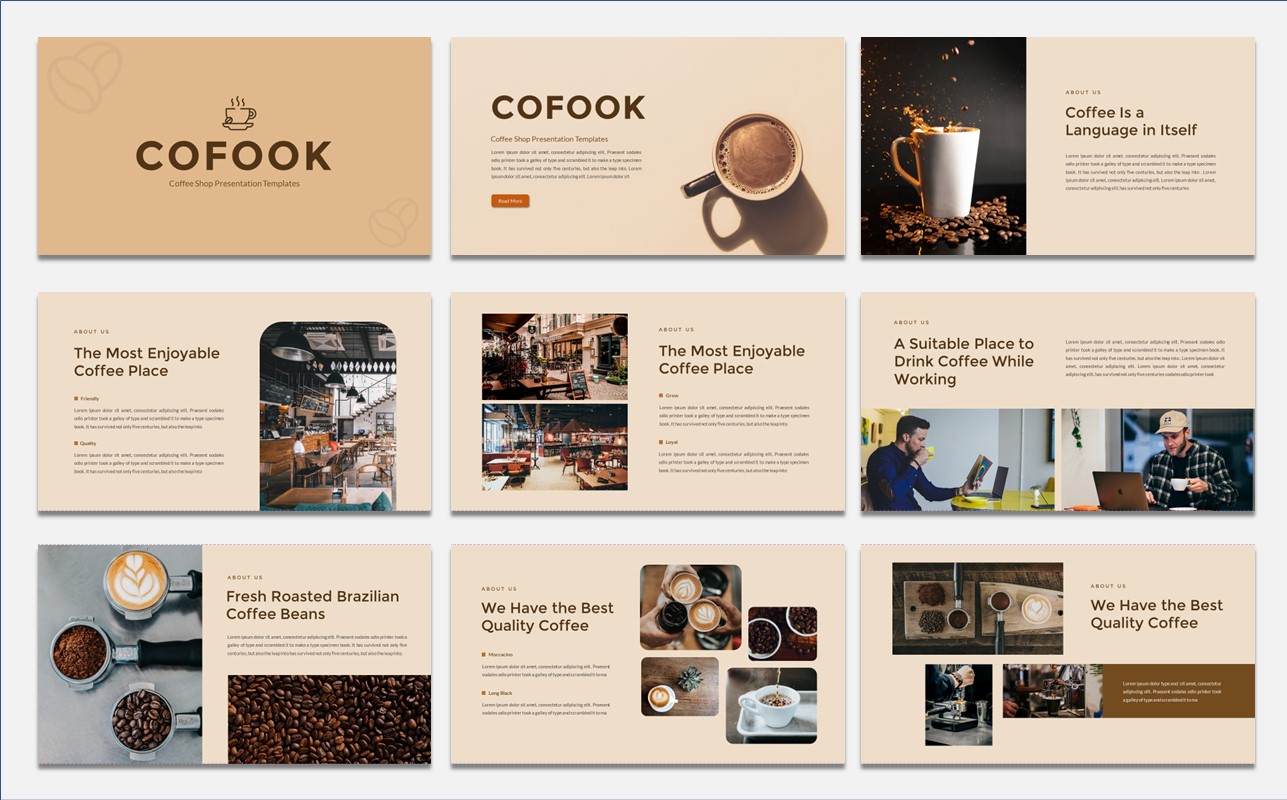 Series of presentation slides with coffee images.