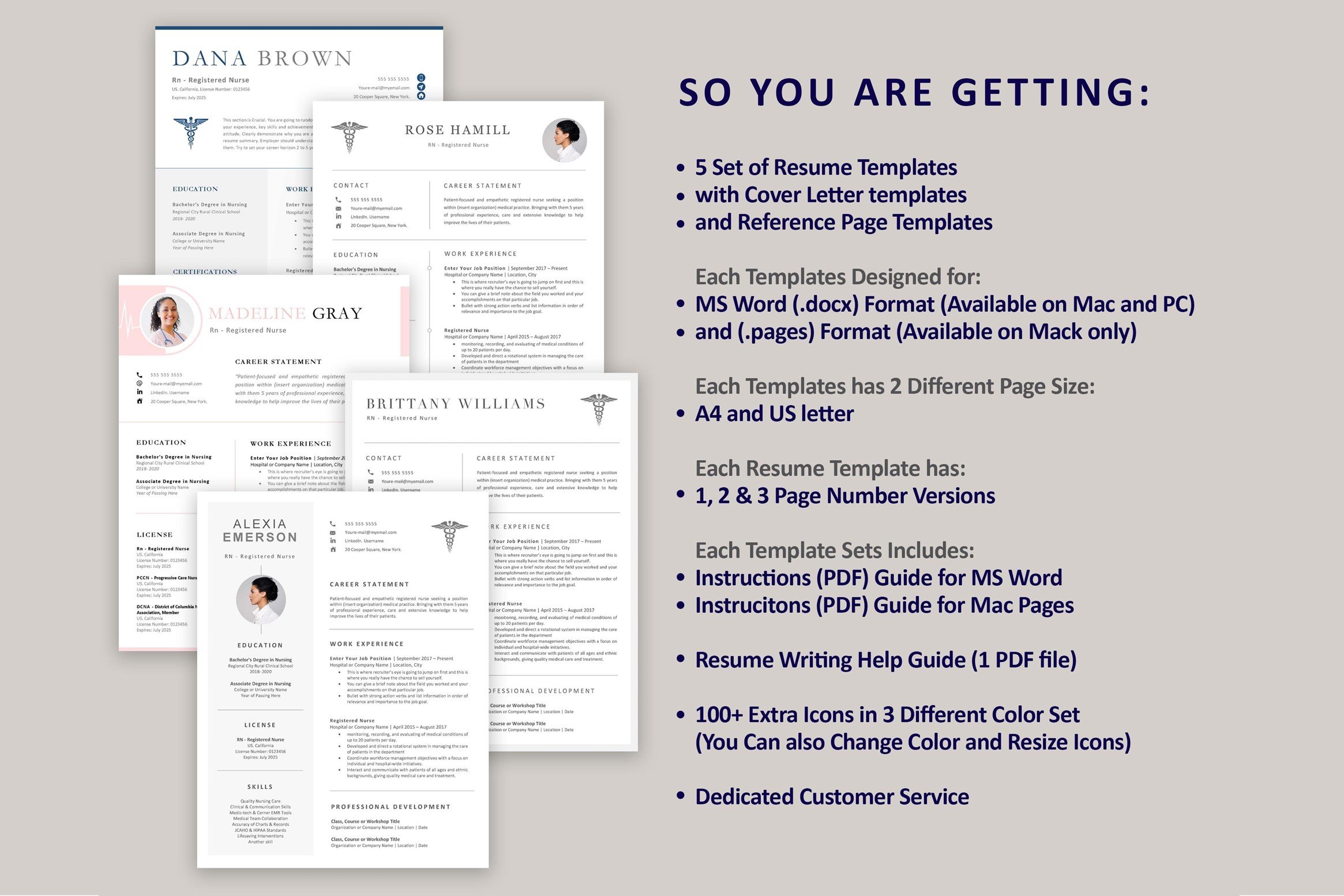 Set of three resume templates with a cover letter.