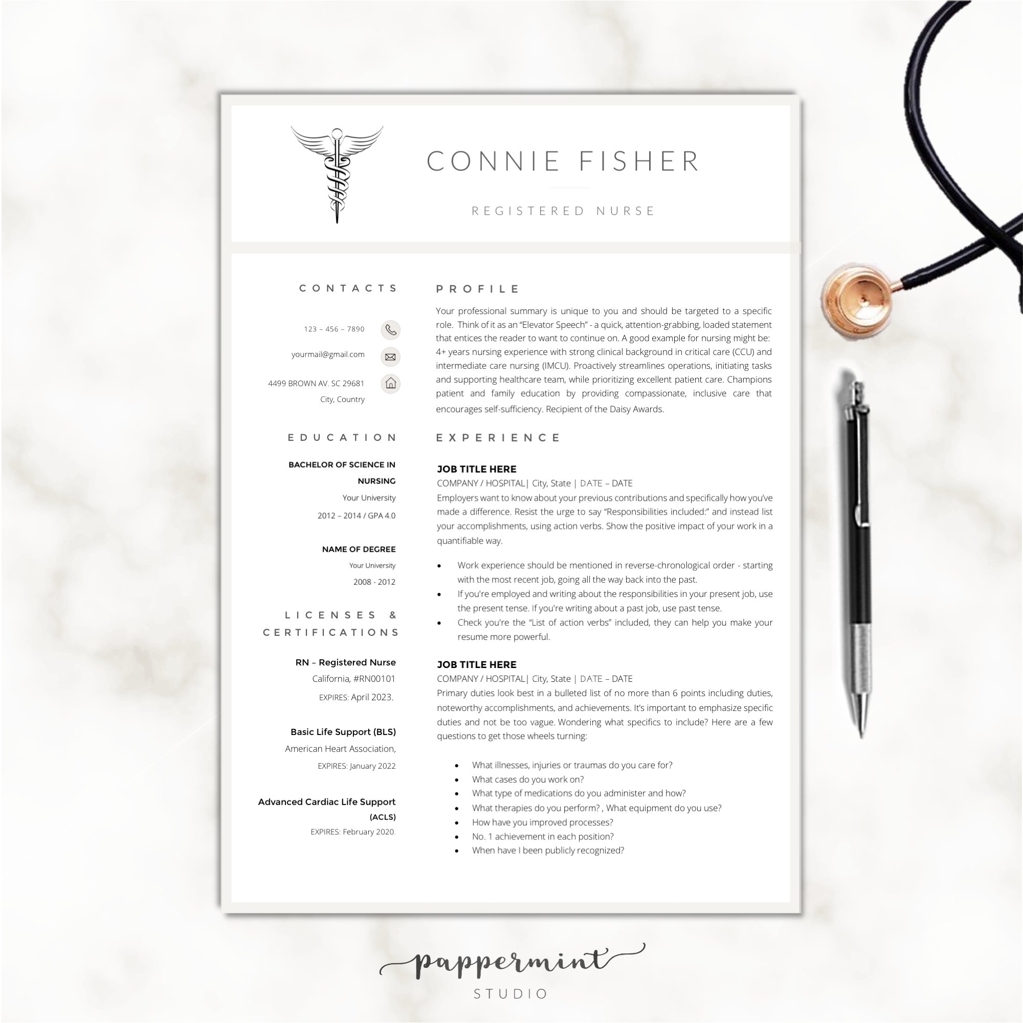 Professional nurse resume with a stethoscope on top of it.