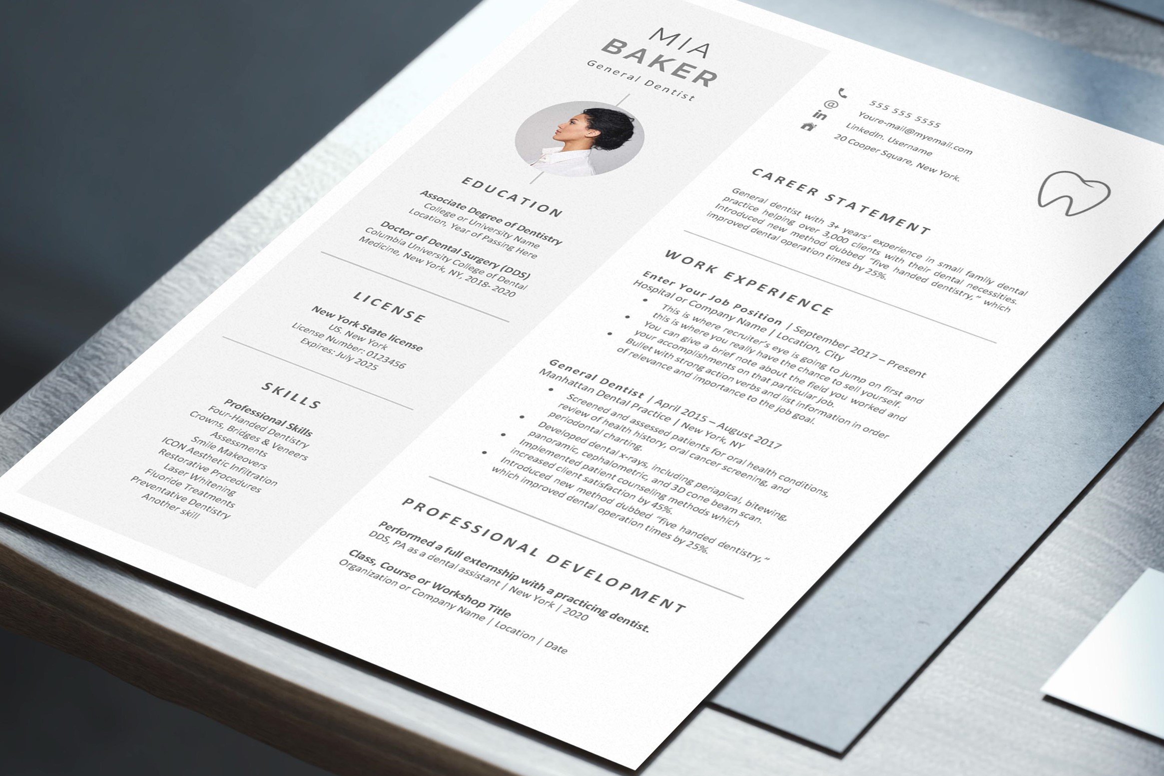 Dental resume template preview image.