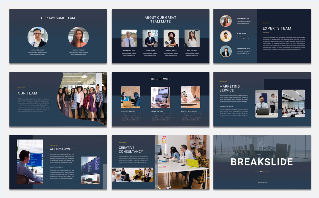 Set of presentation slides with people in a meeting room.