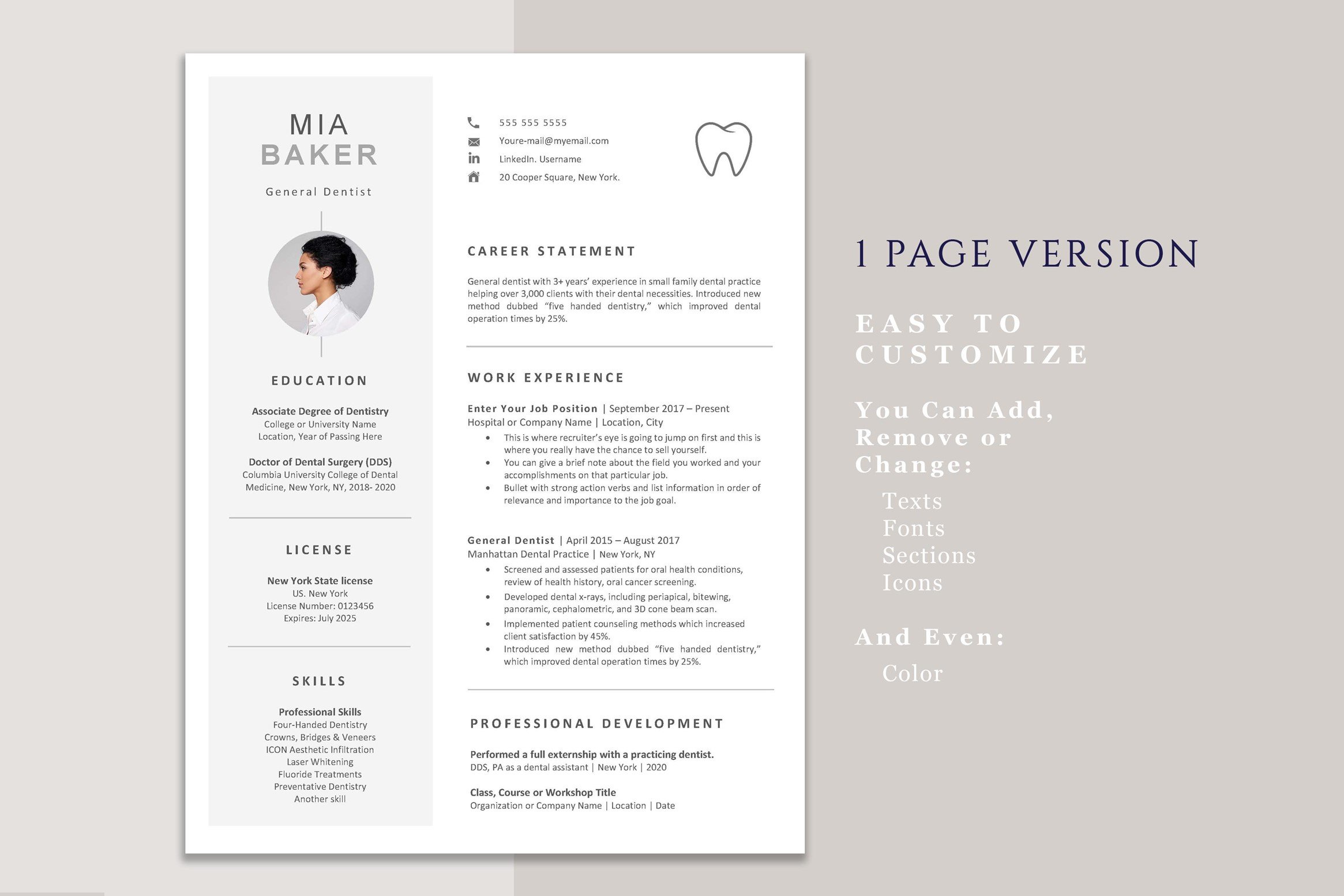 Professional resume template for a dentist.