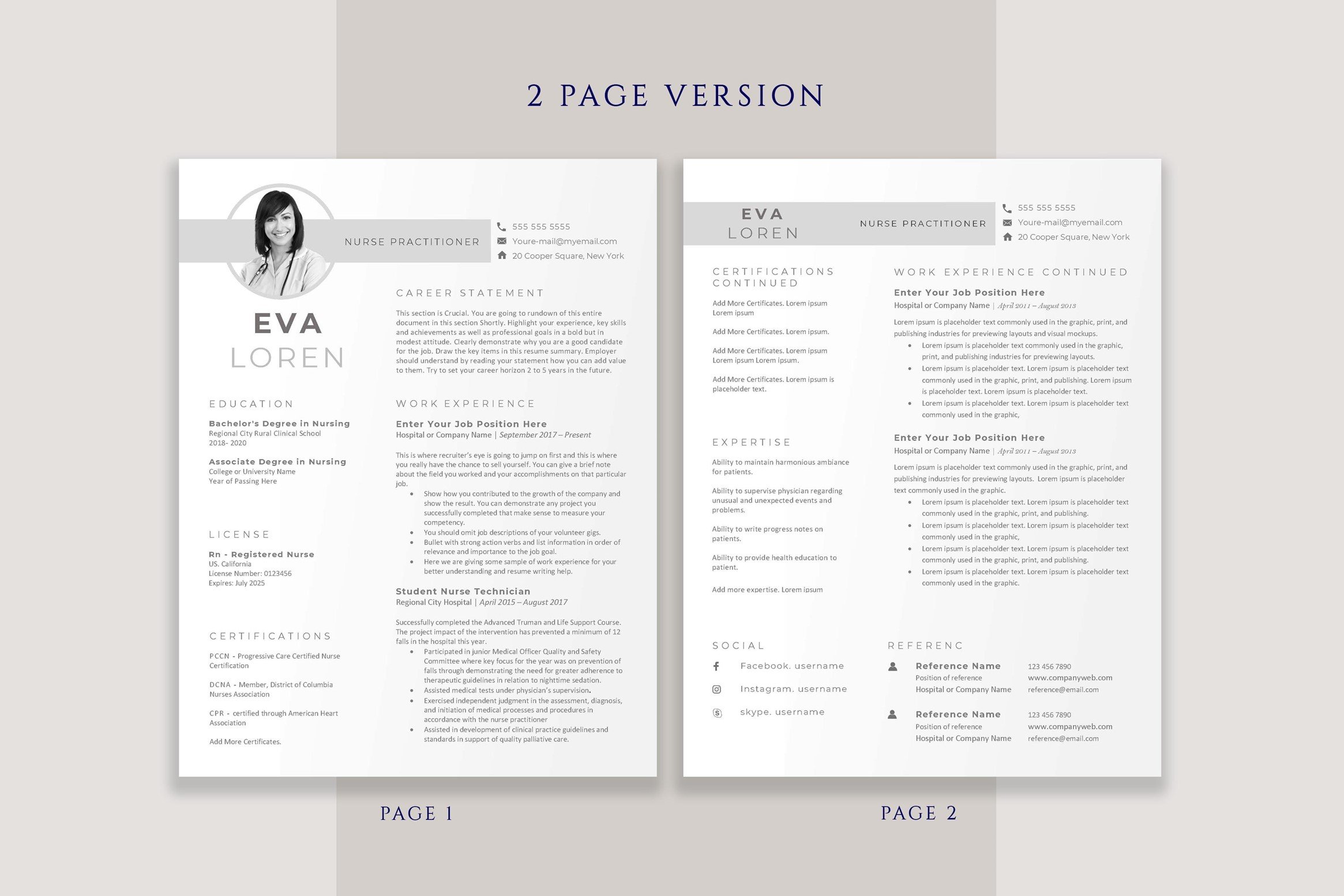 Professional resume template with two pages.