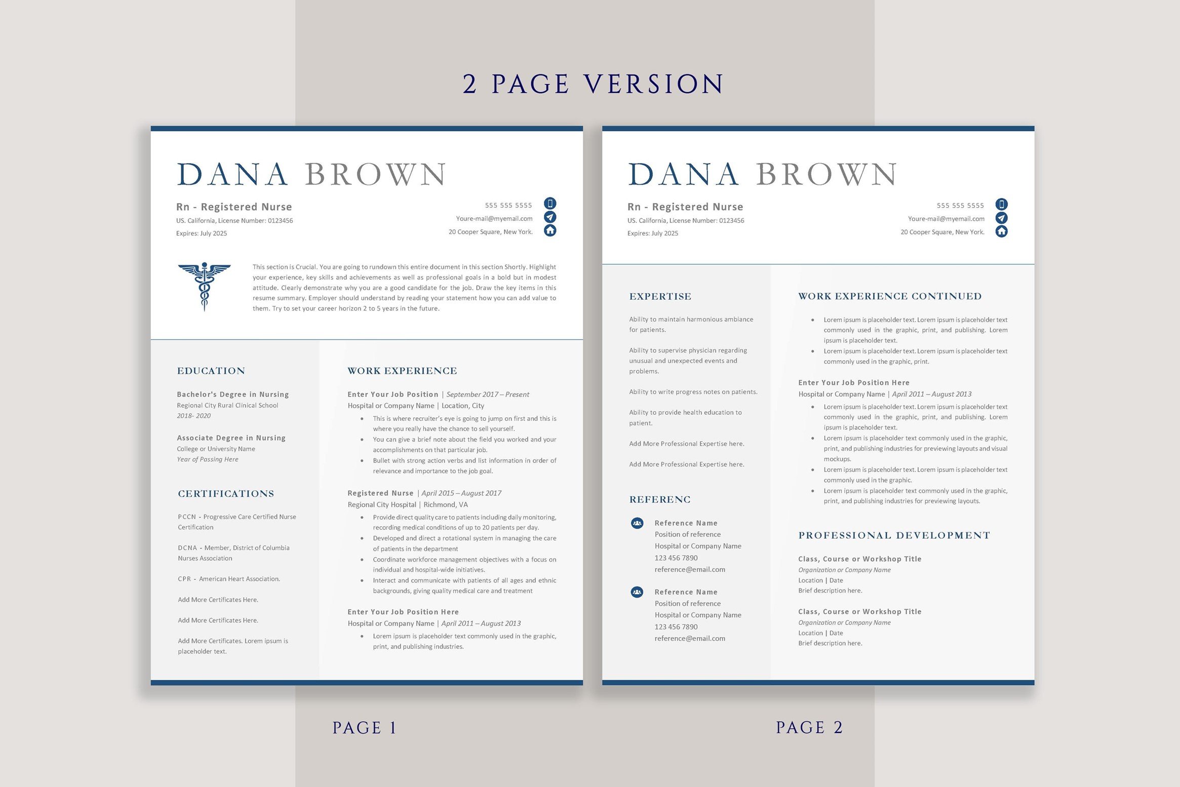 Two page resume template for a doctor.