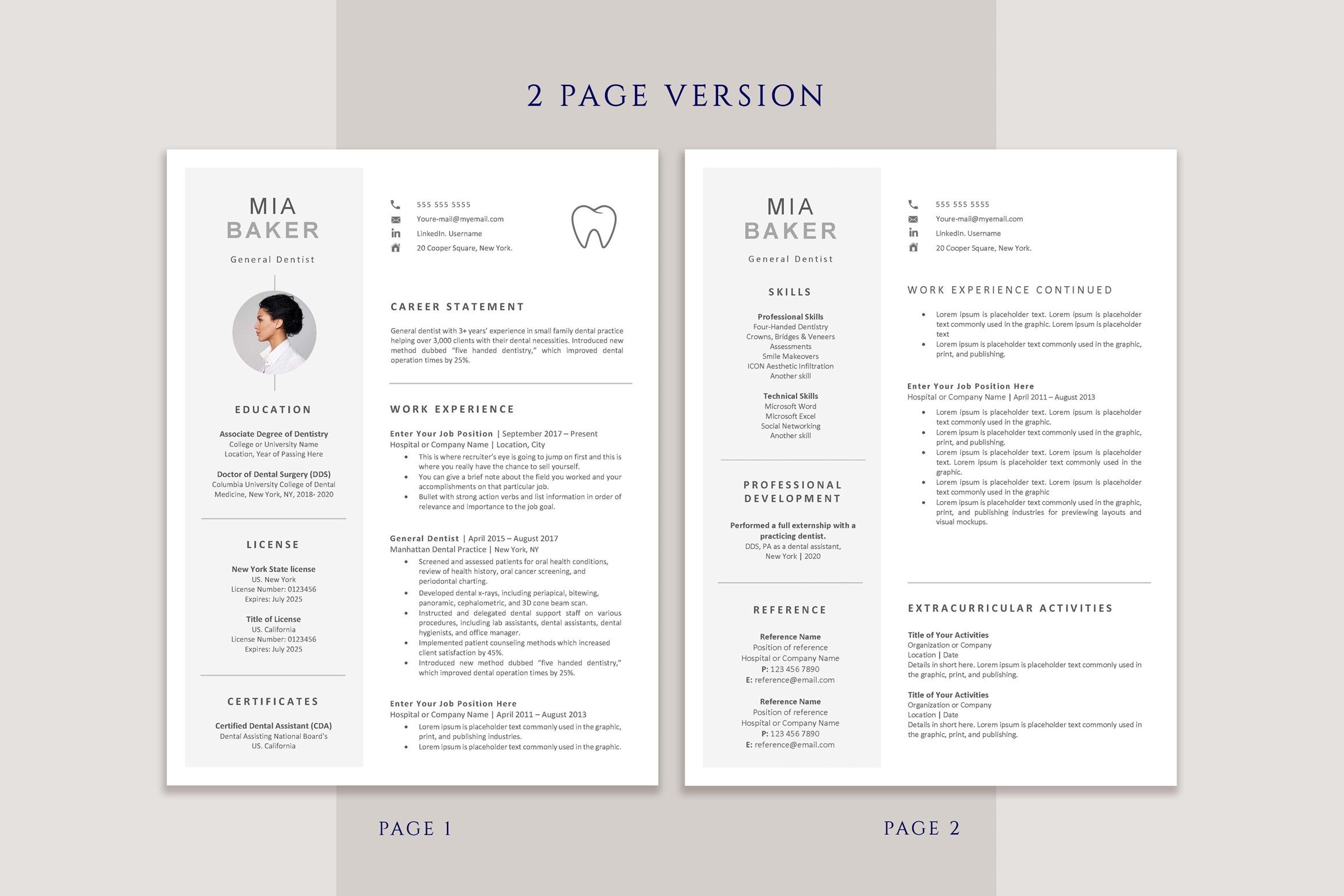 Two page resume template for a dental assistant.