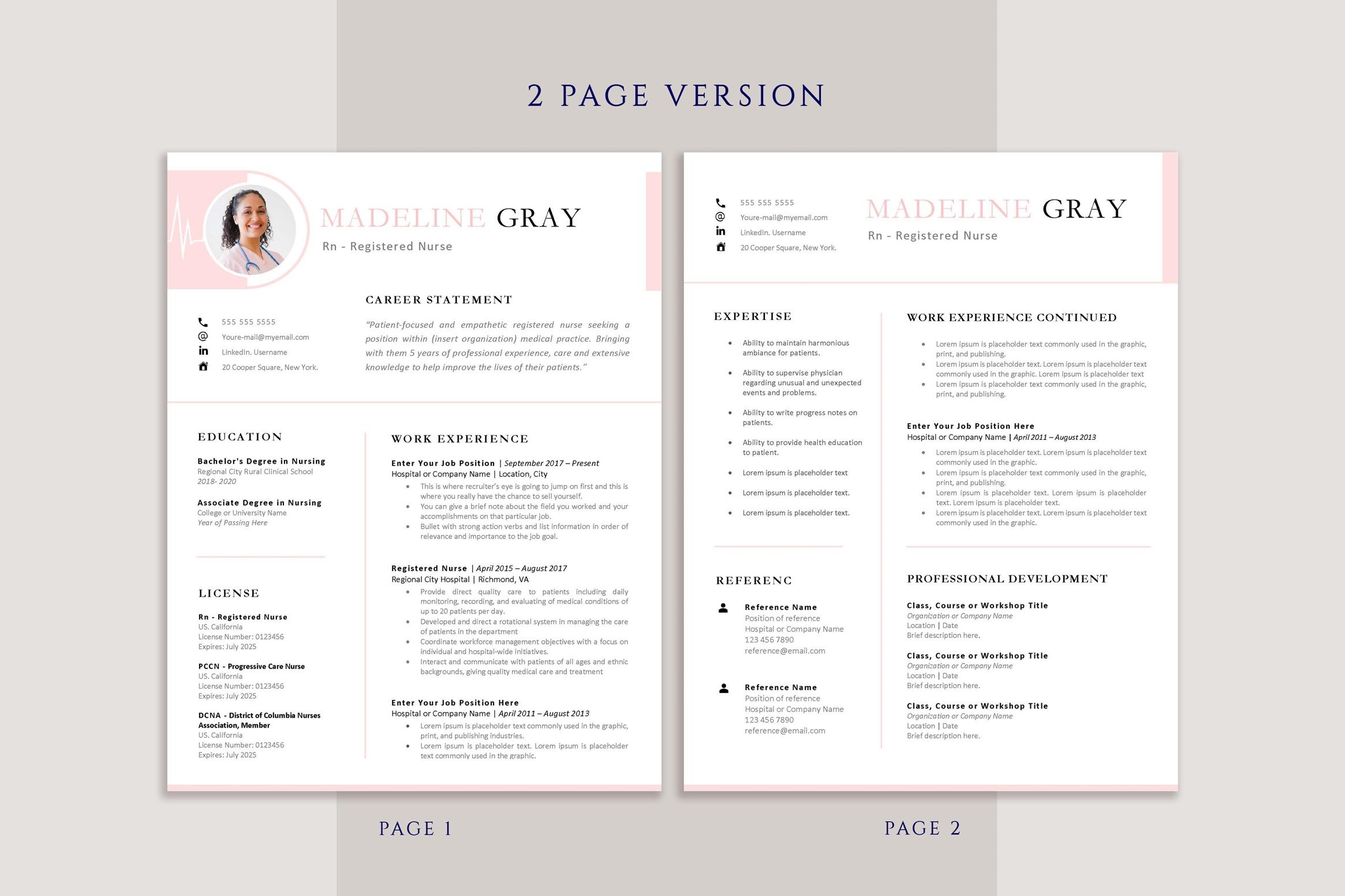 Two page resume template with a pink background.