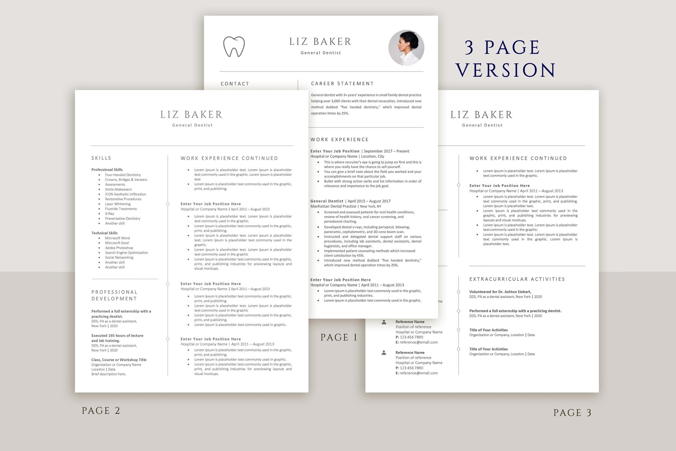 Three pages of a professional resume template.