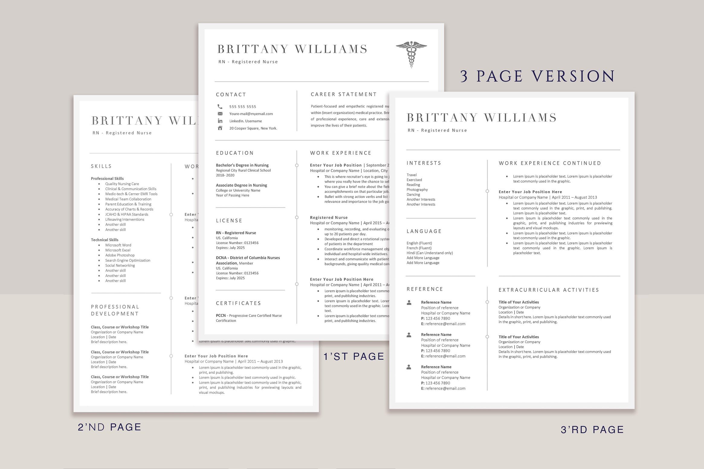 Three pages of a professional resume template.