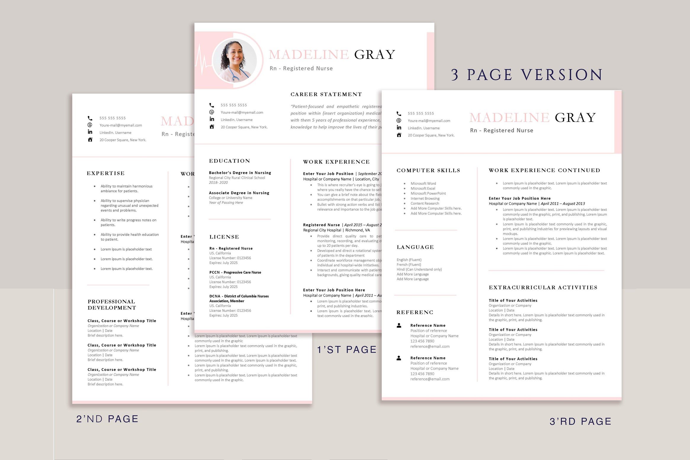 Set of three resume templates with a pink background.
