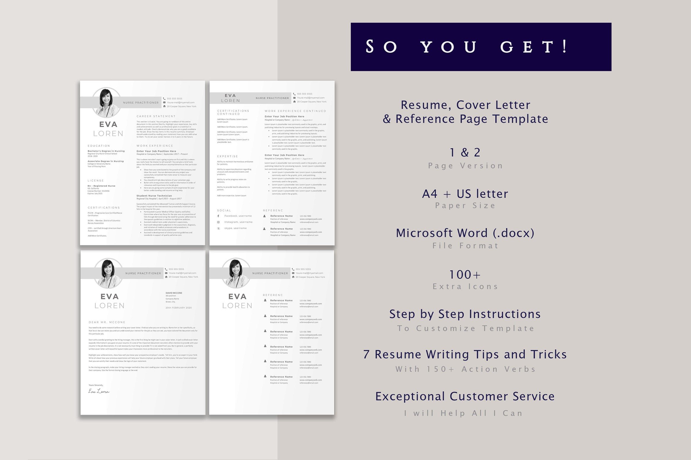 Set of three resumes with a cover letter and reference page.
