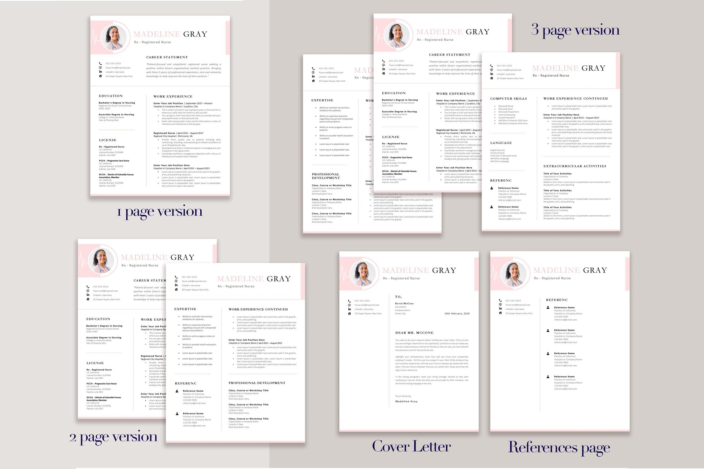 Set of six resume templates with a pink border.