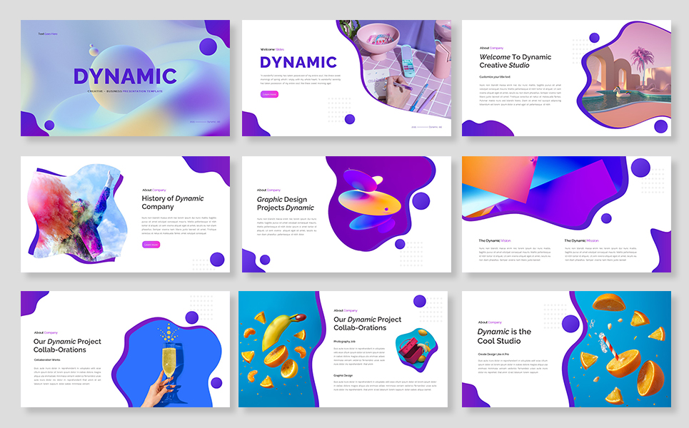 Set of six presentation slides with a purple and blue background.