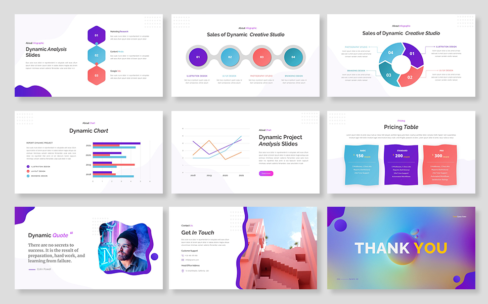 Set of six presentation slides with colorful shapes.