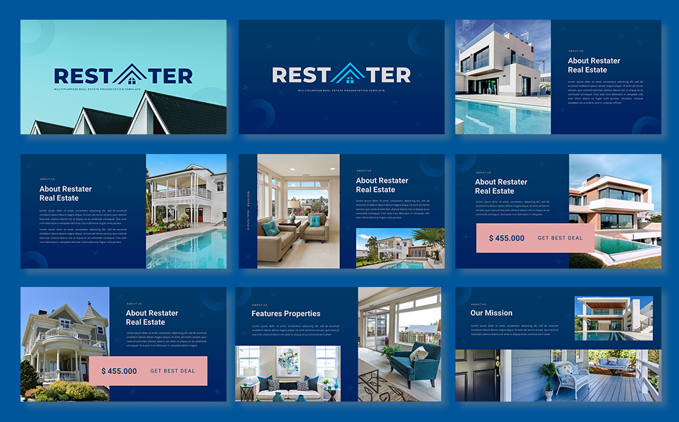 Collage of real estate brochures with a pool in the background.