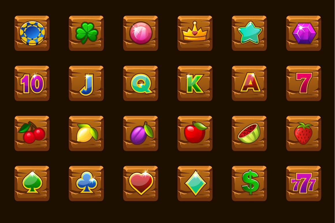 slot machines icons on wooden square converted 546