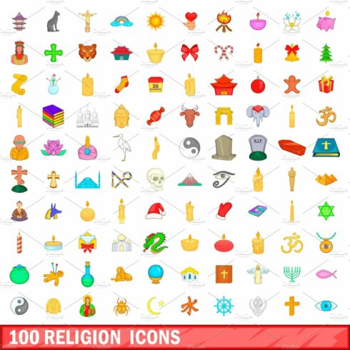 100 religion icons set, cartoon cover image.