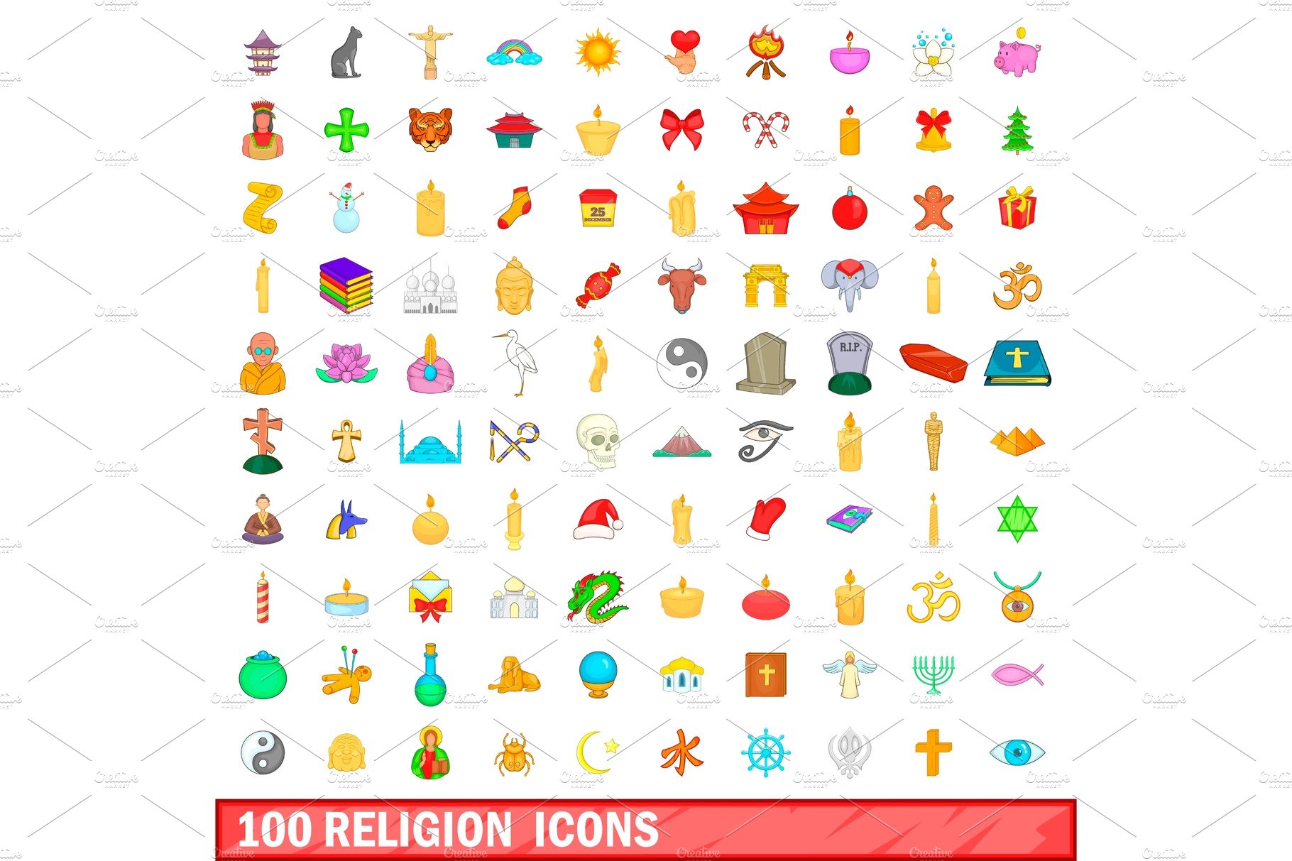 100 religion icons set, cartoon cover image.