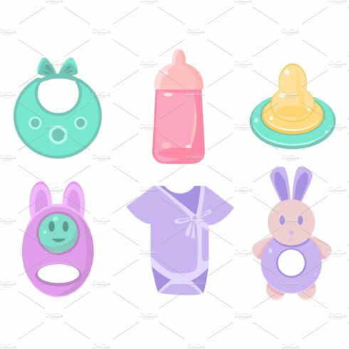 Baby care icons set, baby bib cover image.