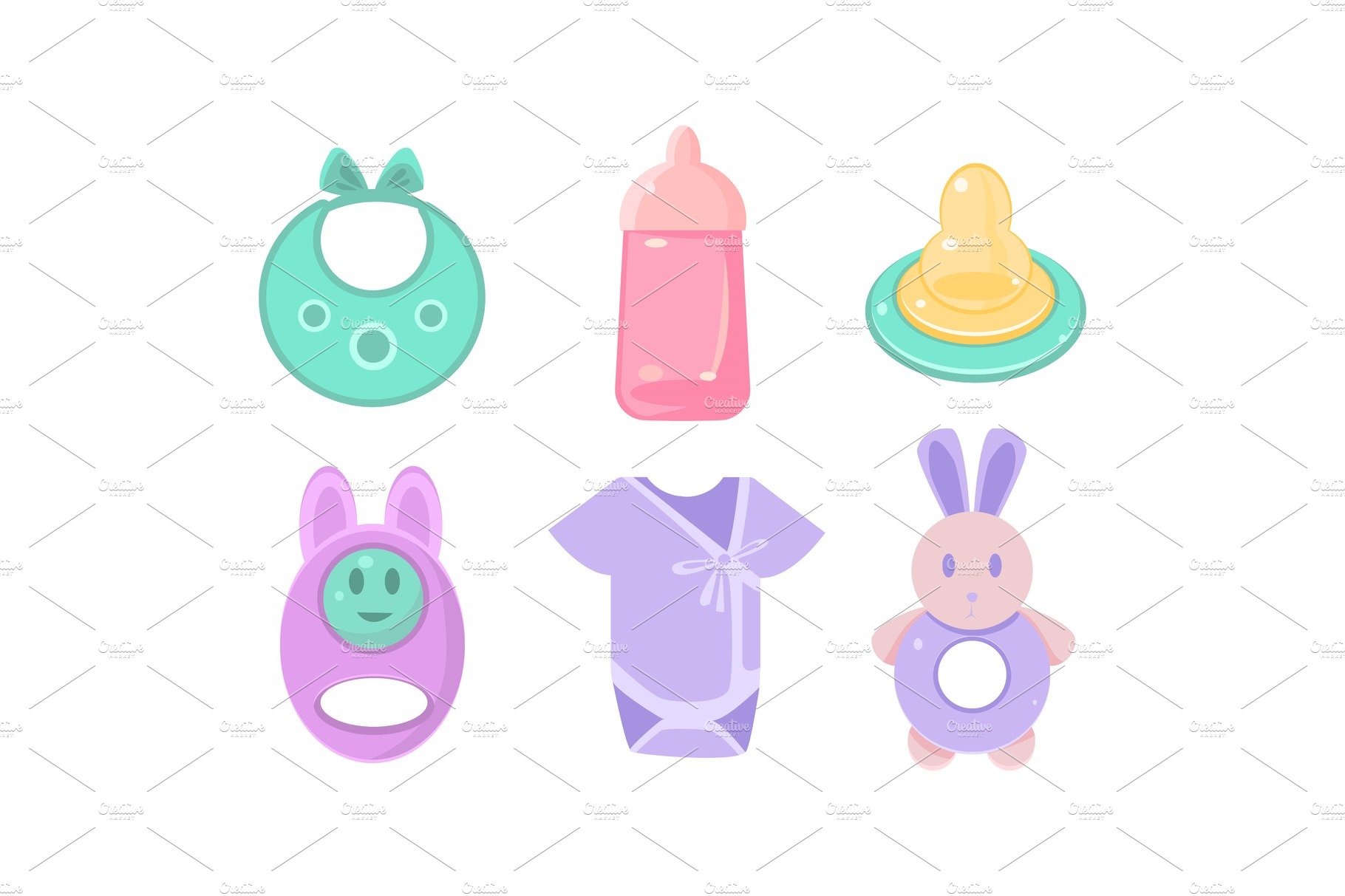 Baby care icons set, baby bib cover image.