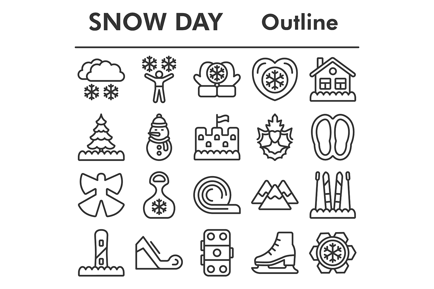 Snow day icons set, outline style pinterest preview image.