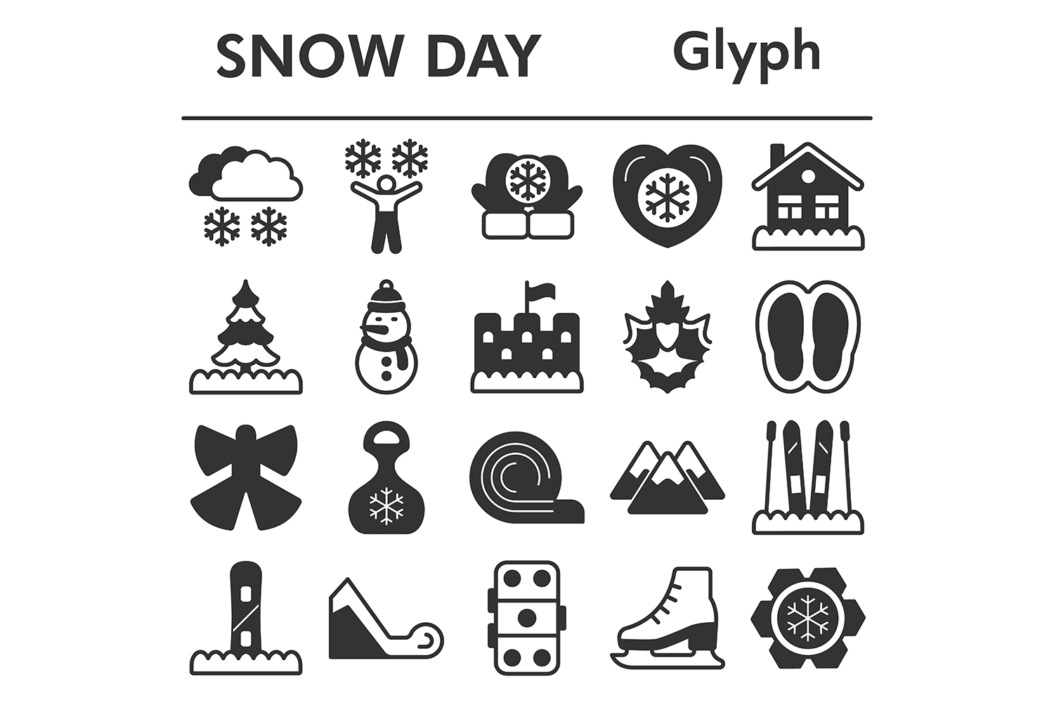 Snow day icons set, glyph style pinterest preview image.