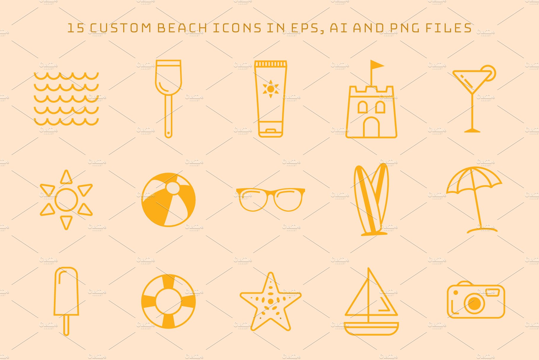 15 Summer Beach Line Icons preview image.